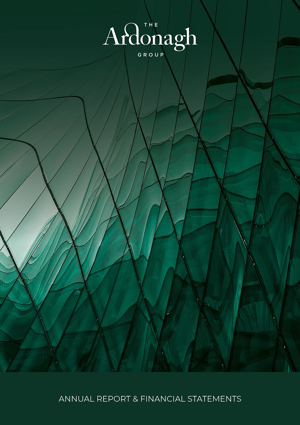 Ardonagh 2021 Brochure Cover The Ardonagh Group annual report cover featuring a green abstract glass facade and the text 'Annual Report & Financial Statements'