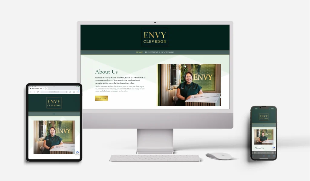 Envy Clevedon Brand Design Package Responsive mockup showing the ENVY Clevedon website on desktop, tablet, and mobile devices, featuring the About Us section and a staff photo.