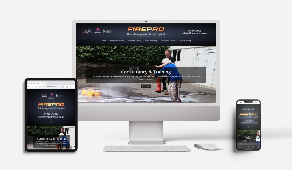 FirePro Risk Brand Design Package Banner showing FirePro consultancy website across desktop, tablet, and mobile screens, illustrating responsive design.