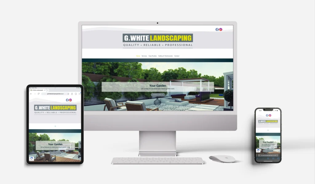G White Landscaping Brand Design Package Multi-device mockup of G. White Landscaping website shown on desktop, tablet, and mobile, highlighting the garden design homepage.